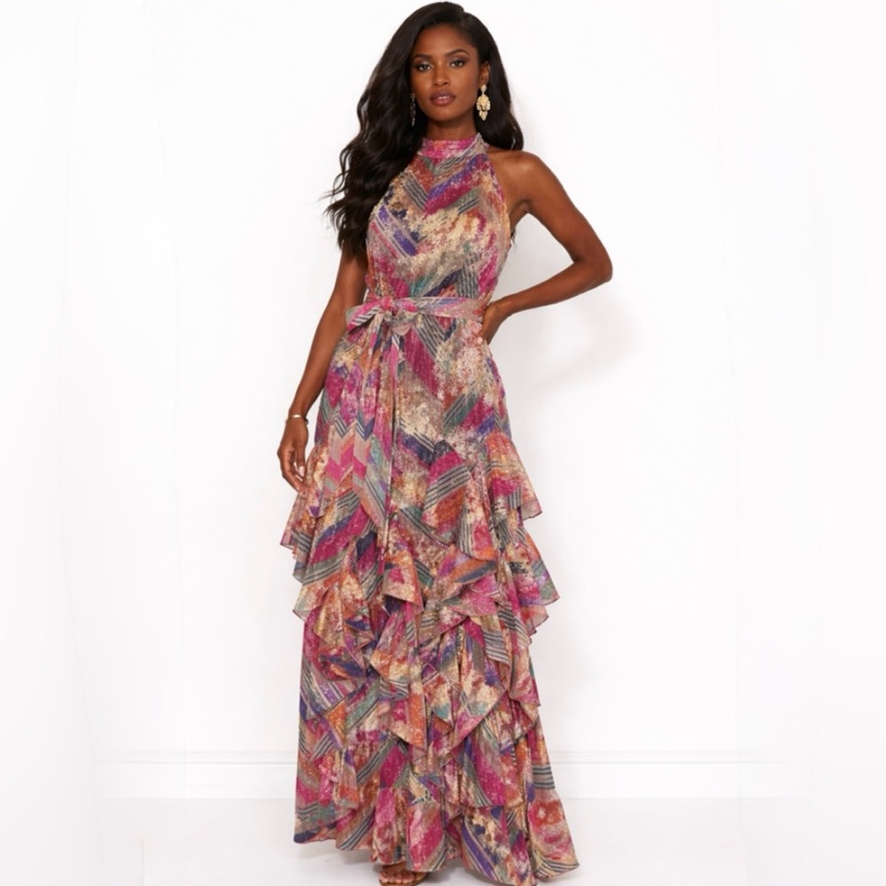 WILLA STORY Stella Metallic Colorful Ruffle Waterfall Maxi Dress Sz M 🧡🎀